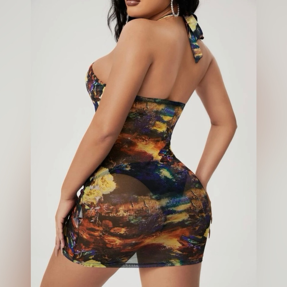 Sheer Multicolor Cut Out Front Drawstring Dress - image 5